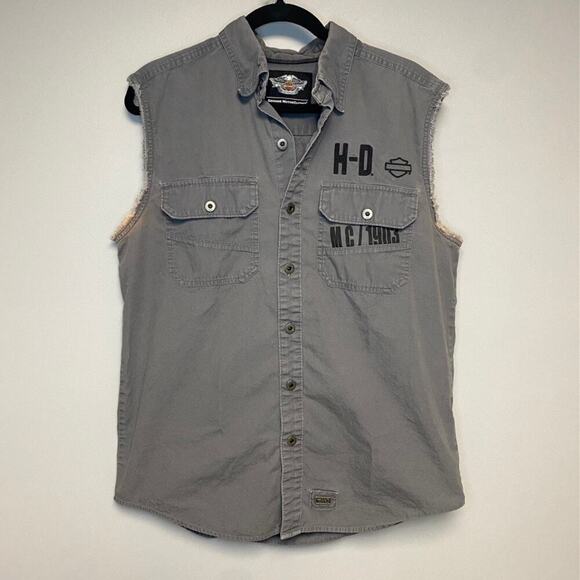 Harley-Davidson Mens Grey Blowout Sleeveless Button-Up Shirt Sz. M - Picture 1 of 8